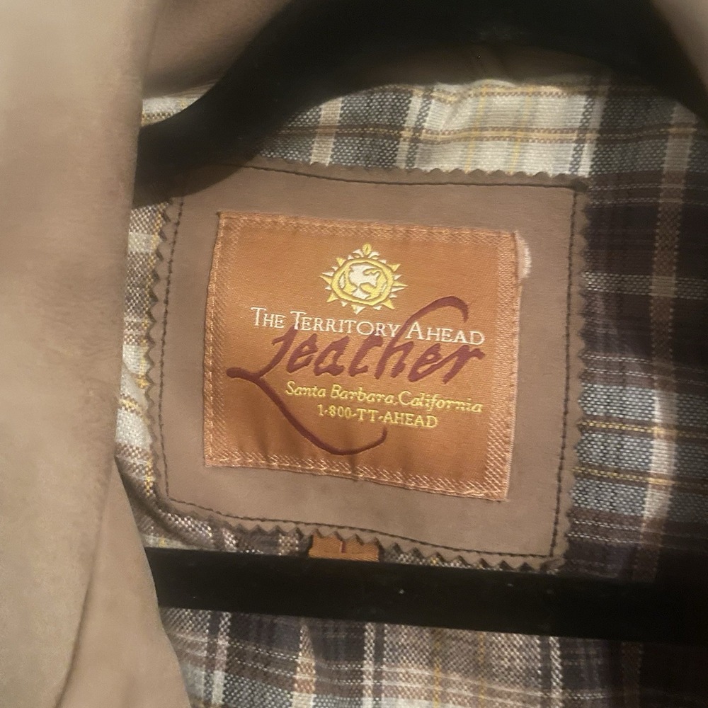 Vintage The Territory Ahead Leather Jacket Mens Size L Tan Plaid Lined - Picture 2 of 6